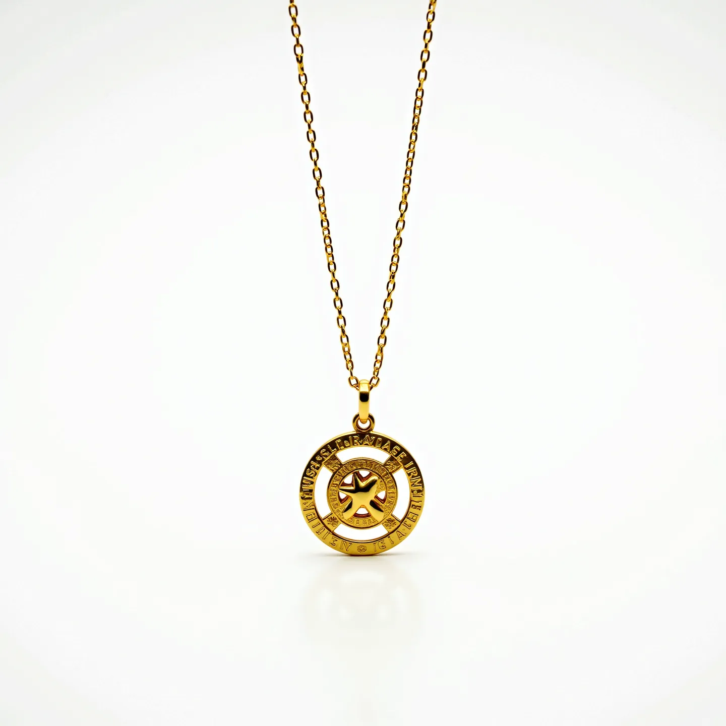 This charm necklace gold features an intricately designed circular pendant with a star-like motif at its center. The pendant is crafted from gold, giving it a rich and polished appearance. Its embossed detailing adds an elegant touch, enhancing the overall aesthetic of the piece. The necklace is suspended from a delicate gold chain that complements the pendant's design. The clasp attachment appears to be a standard spring ring clasp, ensuring secure wearability. There are no visible gemstones or additional adornments, maintaining a simple yet sophisticated appeal.