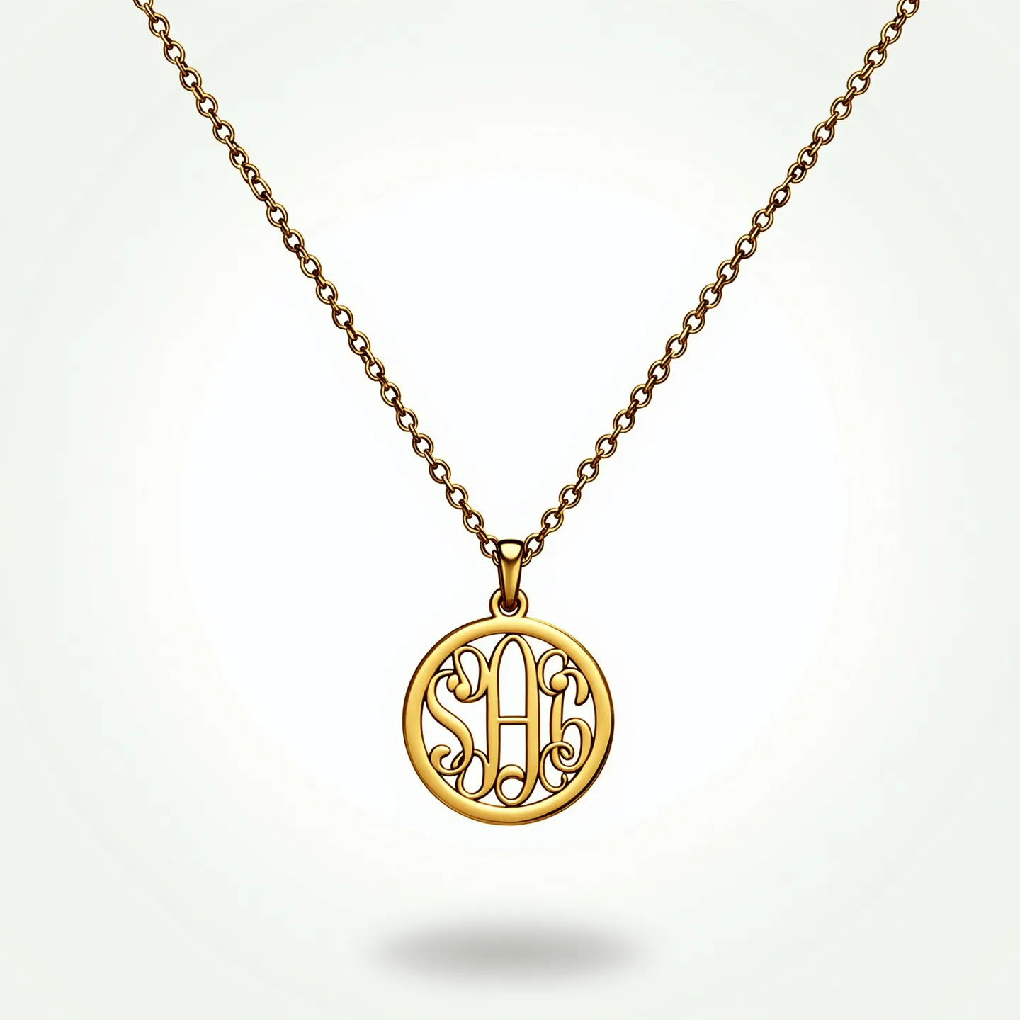 This charm necklace gold features a delicate chain, likely crafted from yellow gold, which extends symmetrically on both sides. At its center hangs a round, personalized charm pendant, presenting an intricate monogram design. The pendant appears to be attached to the chain via a small, circular bail, seamlessly integrating with the overall aesthetic. The design and materials suggest a focus on personalization and elegance, serving as both a statement piece and a personalized accessory.