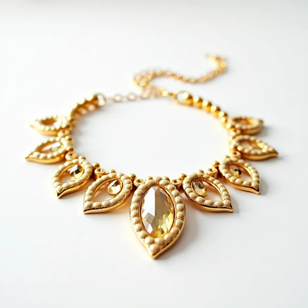 This elegant choker necklace features a series of gold-toned metal links, intricately designed with teardrop shapes that create a striking silhouette. Each teardrop is adorned with a centrally set, faceted gemstone that boasts a warm, golden hue, likely a citrine or topaz, adding a touch of sophisticated sparkle. The stones are expertly framed within a setting of small, round beaded accents that enhance their brilliance and provide a vintage aesthetic. The necklace is finished with an adjustable chain and a lobster clasp, offering both security and versatility in fit.