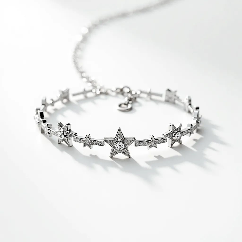 This elegant choker necklace features a series of intricately designed star motifs crafted from a lustrous silver-tone metal. Each star is embellished with sparkling gemstones, likely clear crystals or diamonds, set in the center and along the edges, enhancing its shimmering allure. The central stars boast a larger stone with a round cut, securely set to catch the light beautifully. The necklace is completed with a delicate chain link that extends to an adjustable clasp, allowing for a secure and customizable fit. The meticulous detailing and integration of gleaming stones make it a strikingly sophisticated accessory.