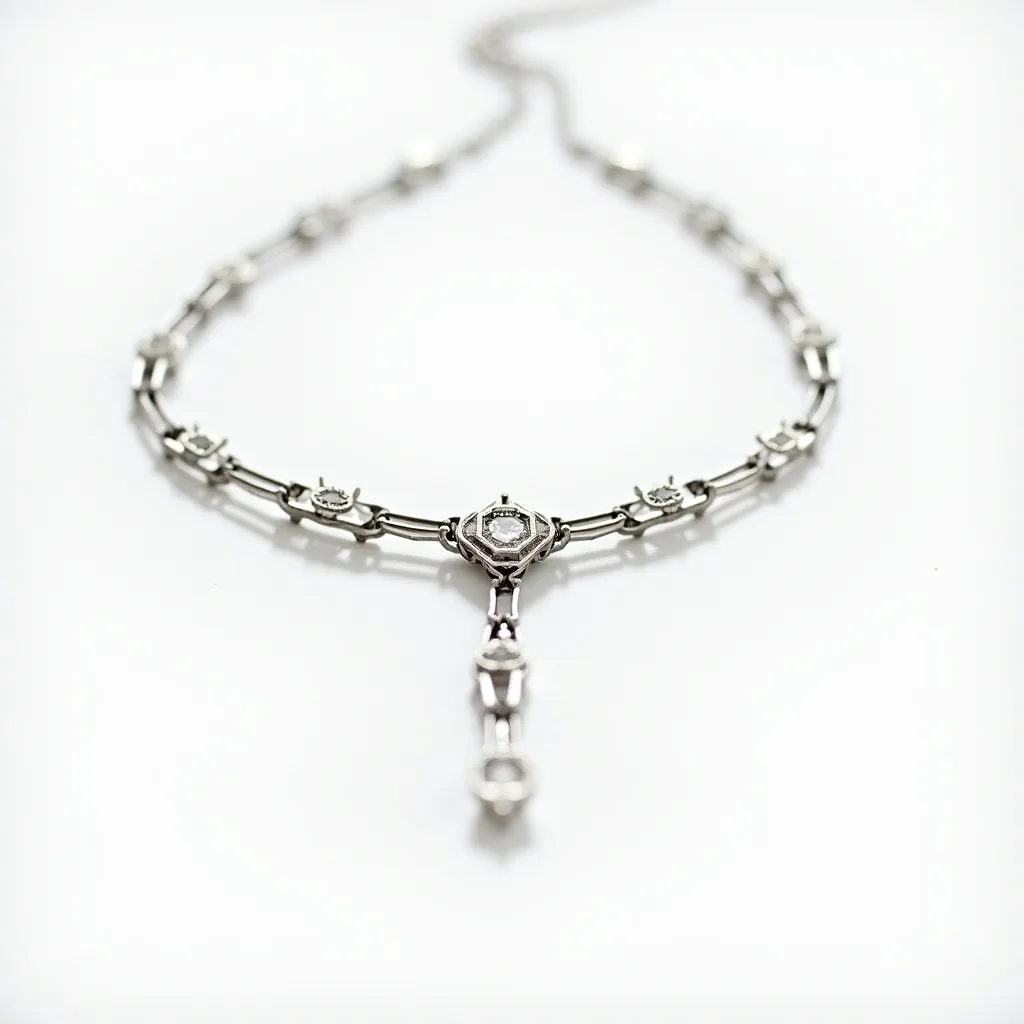 This elegant choker necklace is crafted from a sleek and polished metallic material, featuring a refined and intricate design. It showcases a series of geometric links that are interspersed with luminous gems, each held securely in bezel settings. The central gem stands out with a sophisticated cut that enhances its brilliance, set in a prominent hexagonal setting that draws attention to the centerpiece. A delicate drop pendant extends downward, adding an element of grace and elongation to the design. The necklace is fastened with a subtle clasp that blends seamlessly with the overall aesthetic, offering both style and functionality.