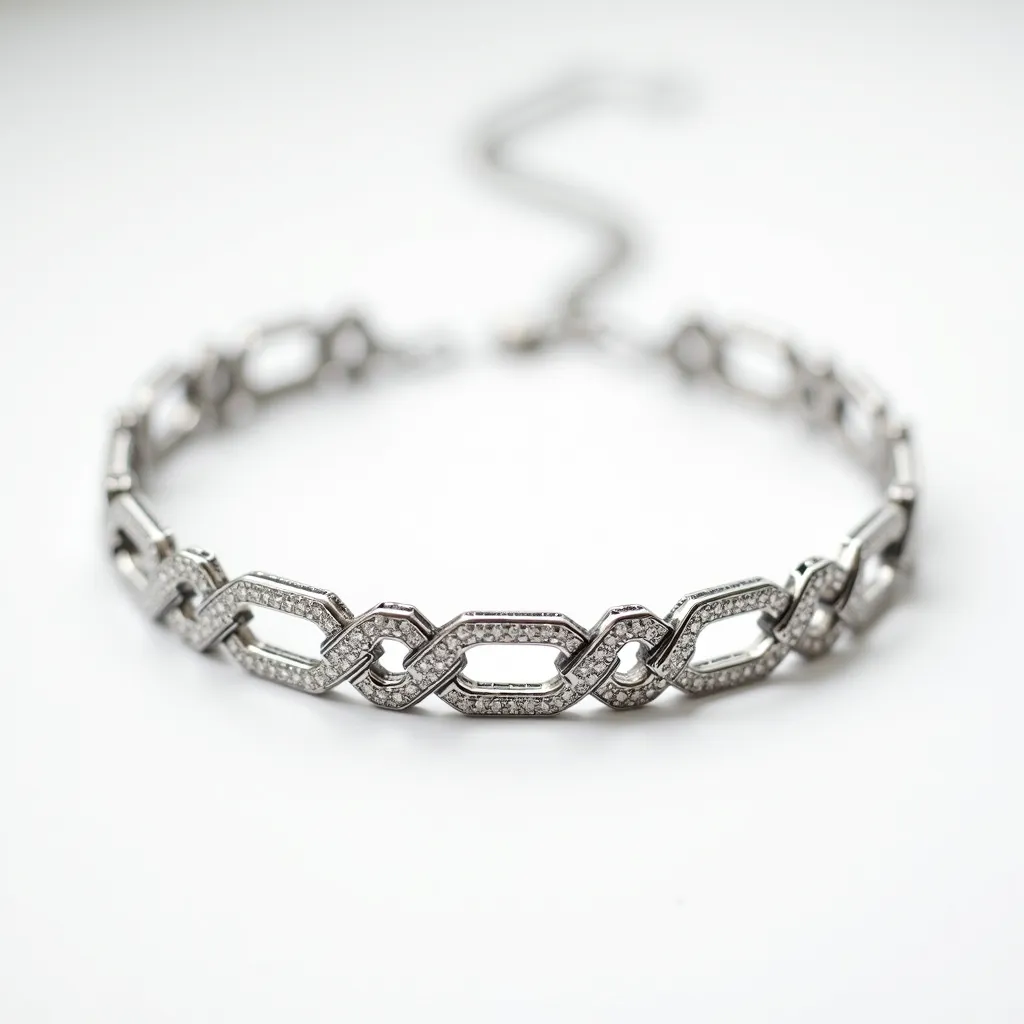 This elegant choker necklace features a series of interlocking geometric links, likely crafted from a high-polish metal, possibly white gold or platinum, enhancing its sophisticated allure. Each link is intricately adorned with small, round-cut diamonds set in a pavé setting, creating a continuous sparkle along the entire necklace. The precision and uniformity of the stone placement suggest a meticulous craftsmanship that elevates the necklace's luxurious appearance. The necklace is secured with a discreet clasp that blends seamlessly into the design, ensuring both style and functionality.