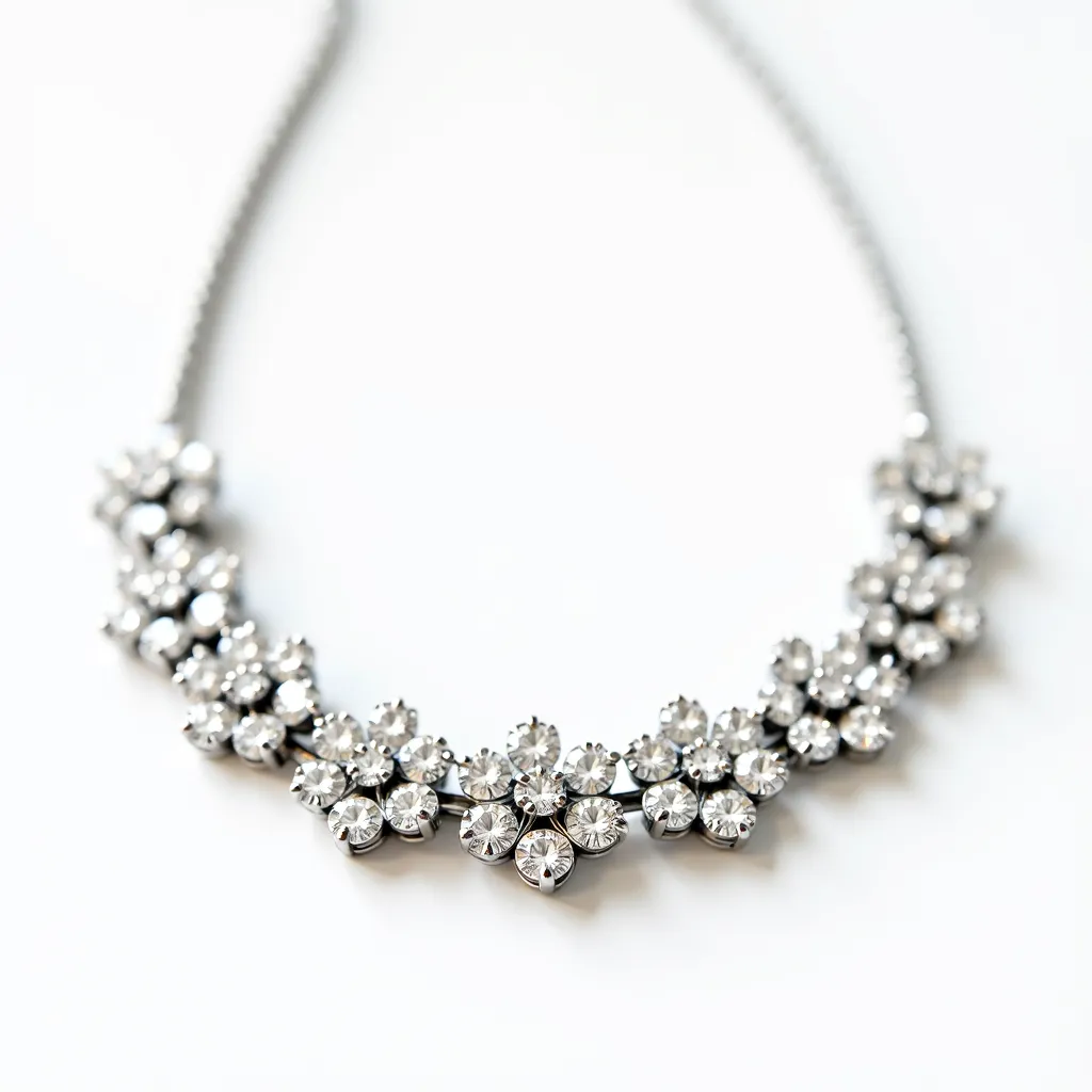 This elegant choker necklace features a stunning array of clear gemstones, possibly diamonds or high-quality crystals, arranged in an intricate floral pattern. Each gemstone appears to be round-cut, allowing for maximum sparkle and brilliance. The stones are set in a sleek, likely metal alloy or silver setting, which enhances their dazzling effect. The necklace is designed as a continuous line of floral motifs, providing a balanced and symmetrical appearance. It is secured with a subtle clasp at the back, ensuring a snug and secure fit around the neck, making it a perfect accessory for formal occasions.