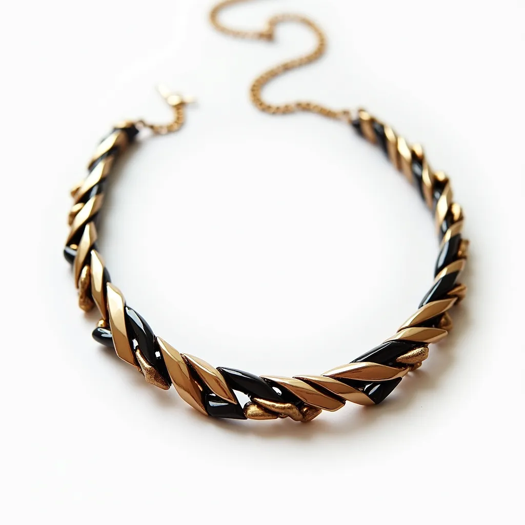 This elegant choker necklace features a beautifully intertwined design of black and gold materials, creating a striking contrast. The necklace is composed of glossy black elements that may imitate onyx or enamel, paired with shiny gold segments that provide a luxurious metallic gleam. The sleek alternating pattern adds a dynamic visual interest to the piece. It is completed with a delicate gold chain extension and fastens securely with a hook clasp, offering adjustable length for a perfect fit around the neck. This sophisticated accessory would add a touch of elegance to any ensemble.