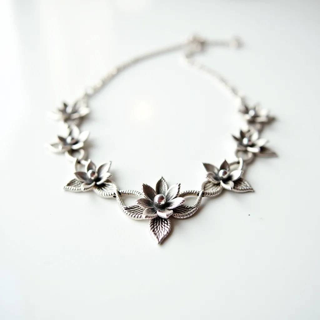 This elegant choker necklace features a series of intricately designed floral motifs crafted from a polished metal, likely silver, giving it a sophisticated and timeless appearance. Each flower is detailed with multiple layered petals that create a sense of depth and dimension. The metal has a smooth, reflective finish, enhancing its visual appeal and allowing it to catch the light beautifully. The necklace appears to be joined by small chain links that offer flexibility and comfort. It includes a simple yet secure clasp, which suggests ease of wear while maintaining the piece's refined elegance.