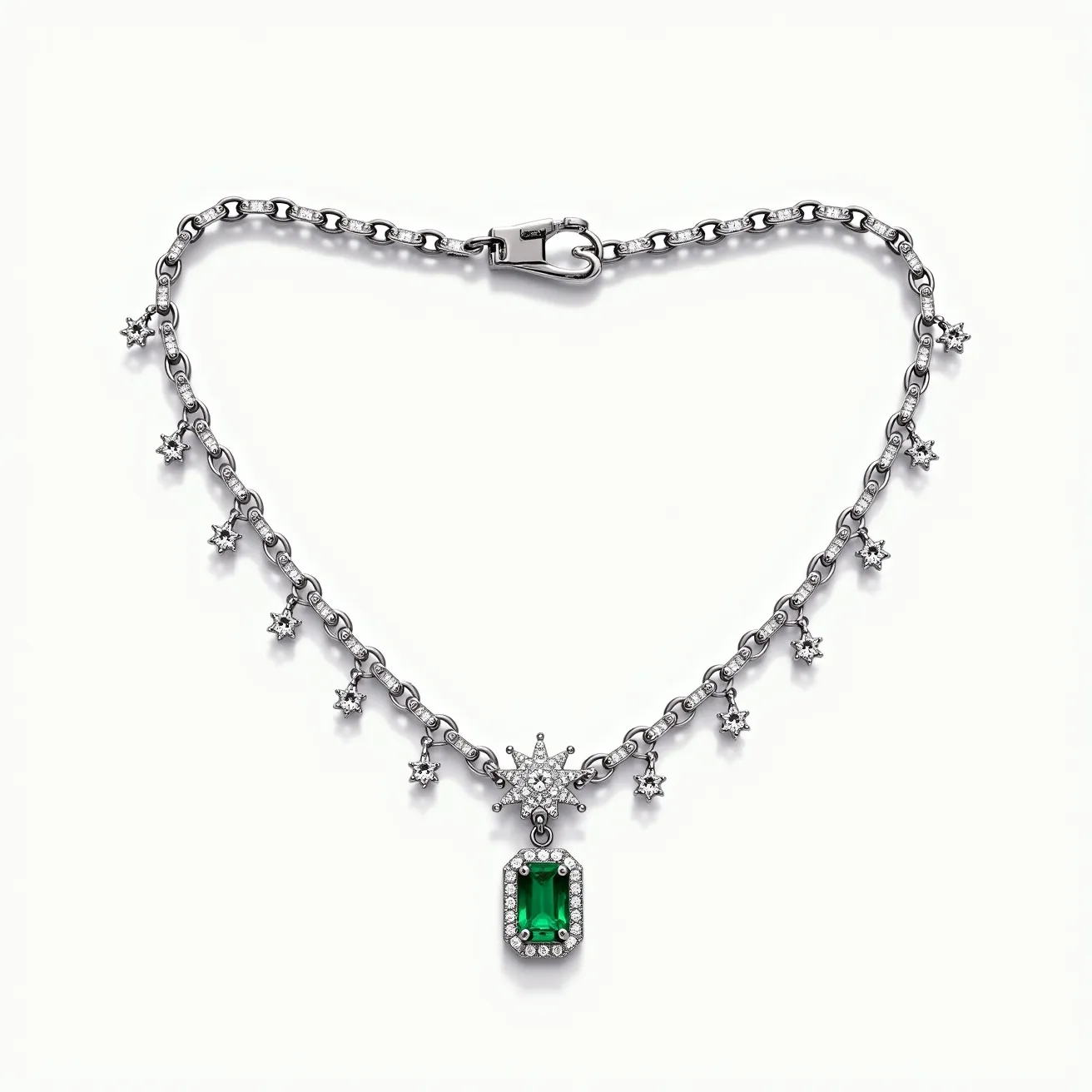 This elegant choker necklace features a refined silver chain adorned with a series of small, delicately arranged star-shaped embellishments, each possibly accented with small clear gems that add a hint of sparkle. At its center is a stunning green, emerald-cut gemstone, securely set in a halo of what appears to be clear, round-cut stones, enhancing its allure and brilliance. The necklace is further enhanced by an artistic starburst motif positioned above the central gemstone, adding a touch of celestial elegance. It is fastened with a sleek, secure clasp, ensuring both functionality and style.