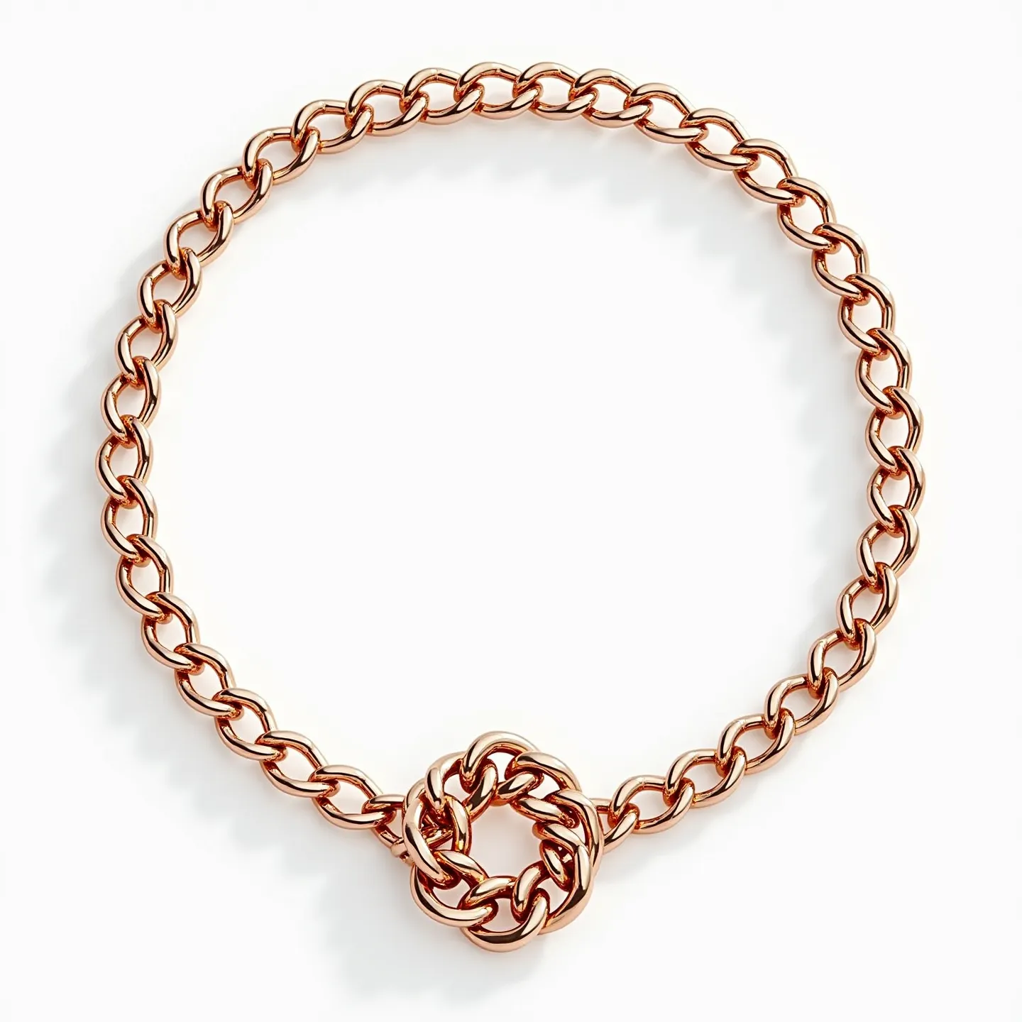 This choker chain is crafted from a lustrous rose gold metal, composed of interlocking oval links that form a sturdy and elegant design. At the center of the chain is an intricately woven circular knot, adding a visually striking focal point. The choker appears to utilize a simple, yet secure link clasp or possibly a toggle clasp integrated seamlessly with the chain for closure. The chain's uniformity and polished finish contribute to its contemporary yet timeless appeal.