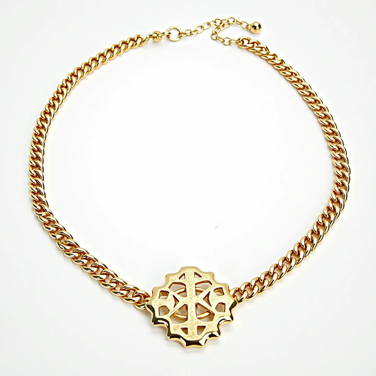 This choker chain features a gold-toned metal composition that is characterized by an intricate, interlocking link design. At its center, there is a prominent decorative element resembling an ornamental medallion with a symmetrical geometric pattern, enhancing the overall aesthetic. The chain is finished with an adjustable clasp mechanism, likely a lobster or spring ring clasp, to ensure a secure fit and accommodate various neck sizes. Overall, the design balances simplicity with a striking central feature, highlighting craftsmanship in both the chain and the medallion.