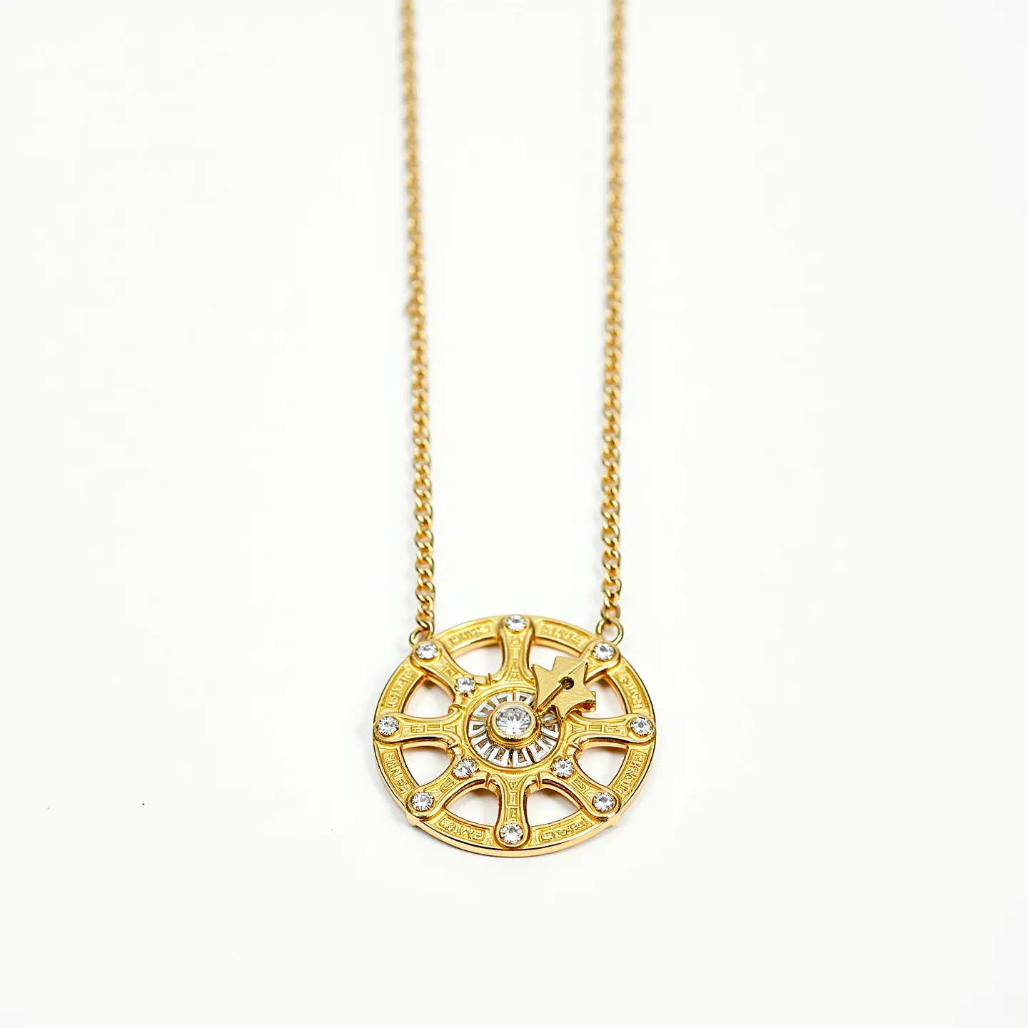 This circle necklace features a gold-toned chain with an intricately designed circular pendant resembling a compass or wheel. The pendant is crafted from a gold-like metal, embellished with clear, round-cut stones set at intervals along the perimeter and a central stone for added sparkle. The stones appear to be securely bezel-set, emphasizing both durability and elegance. The chain links are medium-sized, suggesting a sturdy construction, and it attaches seamlessly to the pendant without visible clasps in the central section. The detailed motifs and symmetrical arrangement of stones highlight the necklace's sophisticated aesthetic.