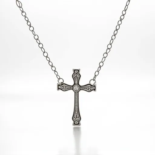 This cross chain features a pendant made from a silver-toned metal, showcasing a traditional design with intricate detailing on its surface. The centerpiece of the cross is adorned with a small, round-cut gem that appears to be set within a bezel. The chain is crafted from a similar silver-toned metal, consisting of interlocking oval links. The attachment is not visible, but the overall appearance suggests a simple and elegant fastening, consistent with the chain's delicate and refined design.