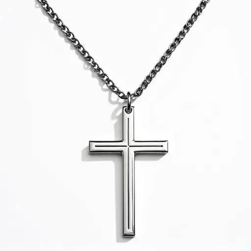 This cross chain features a minimalist, sleek design with a metal cross pendant that has a polished, reflective surface. The cross is attached to a metal chain, likely made from stainless steel or a similar silver-toned material, known for its durability and modern appearance. The cross pendant is simple with no additional embellishments or gemstones. The chain appears to have a standard metal clasp for secure fastening, providing a classic and understated look suitable for everyday wear.