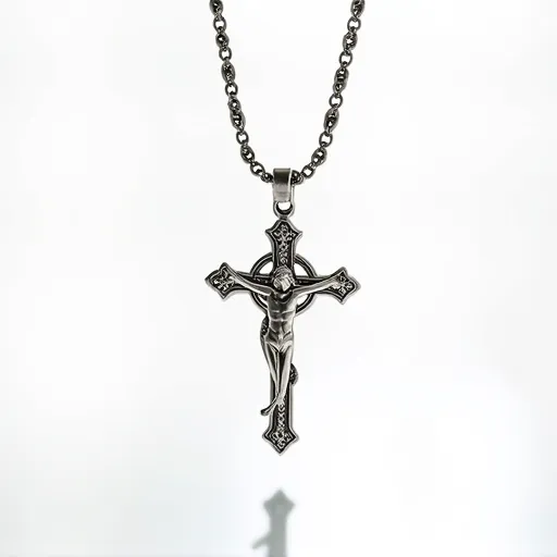 This cross chain features a metal crucifix adorned with intricate detailing, showcasing a figure of Christ. The cross is crafted from a material that appears silvery in finish, possibly stainless steel or sterling silver, adding a reflective quality to its appearance. The chain itself consists of rounded links that complement the overall aesthetic of the cross, providing a sturdy and cohesive look. The attachment is secured by a clasp, typical of necklaces, ensuring it sits comfortably when worn. There are no visible gems or stones embedded within the design of the crucifix or the chain.