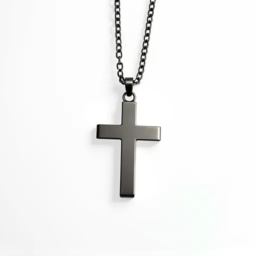 This cross chain features a sleek and polished metal cross pendant, with a substantial and minimalist design that exudes a modern aesthetic. The chain itself is composed of matching metal links, providing a cohesive look and a sturdy feel. The pendant is smoothly finished, without any added gems or stones, emphasizing simplicity and elegance. The attachment is facilitated with a metal ring at the top of the pendant, seamlessly connecting to the chain, allowing for easy wearability.