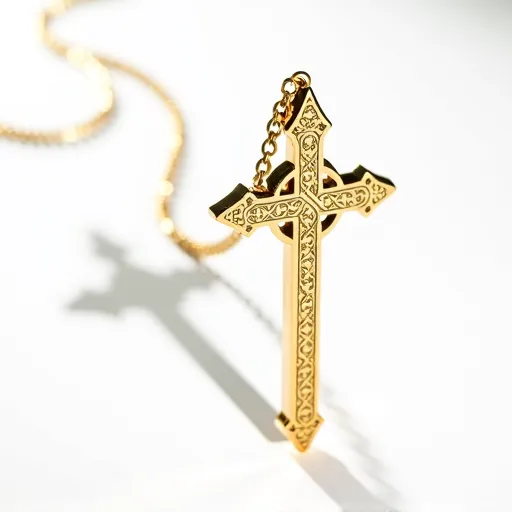 This cross chain features a gold-colored metal construction with intricate ornate engravings on its surface, highlighting a detailed and decorative pattern. The cross does not appear to have any gemstones or additional adornments, and it is suspended on a matching gold chain. The chain seems to be secured using a standard round-link clasp, providing both functionality and a seamless complement to the overall design of the piece.