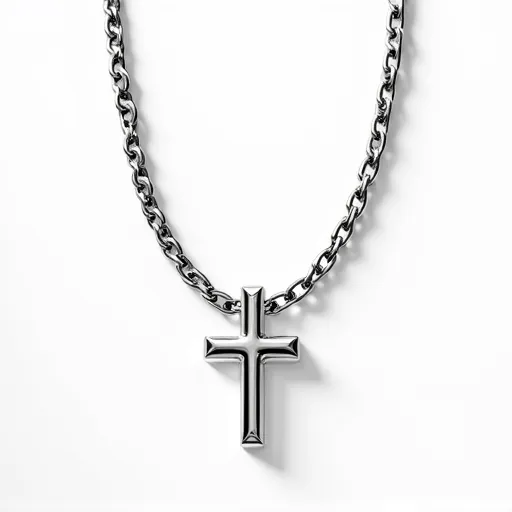 This cross chain features a polished metal cross pendant with clean, defined edges, showcasing a minimalist and modern design. The cross appears to be crafted from a shiny silver-toned metal, possibly stainless steel or sterling silver. The chain itself is composed of interlocking links of similar metal, providing a cohesive and uniform appearance with a sturdy texture. The necklace is secured with a classic lobster clasp, ensuring reliable and easy fastening. No additional embellishments like stones or gems are present on either the pendant or the chain, emphasizing its sleek and straightforward aesthetic.