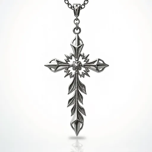 This cross chain features a pendant made of a polished metal that gives off a reflective, silvery appearance, suggesting materials such as stainless steel or sterling silver. The cross design is intricate, with sharply defined shapes and pointed edges that contribute to an ornate, almost gothic style. At the center of the cross, there appears to be a small gem or crystal, possibly a cubic zirconia or similar stone, set in a prong setting that complements the piece's overall design. The chain itself is composed of interlinked oval metal loops, securely holding the pendant with a robust attachment.