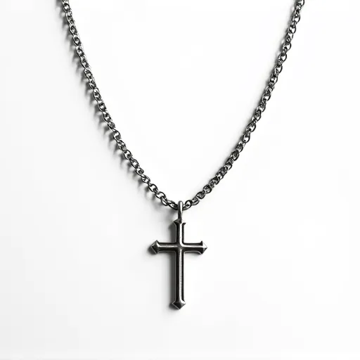 This cross chain features a pendant made from a metallic material, possibly stainless steel or silver, with a smooth, polished finish that gives it a sleek appearance. The cross itself is simple, with pointed ends on each arm, adding a subtle decorative detail to its otherwise classic design. The chain is composed of interlocking links, also metallic, and complements the cross pendant by maintaining the same color and texture. The clasp is a standard lobster clasp, providing a secure closure for the necklace. This piece is minimalist and sophisticated, focusing on clean lines and a modern aesthetic.