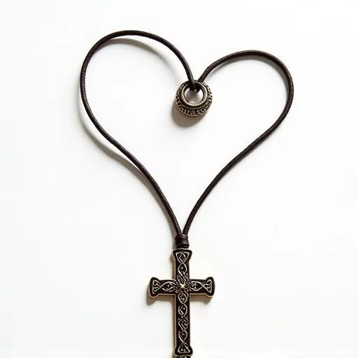 This cross chain features a pendant in the shape of a cross, crafted from a dark metal material with intricate Celtic knotwork detailing. The cross is suspended on a black cord, suggesting a simple and rustic design. The cord is looped through a metallic ring, which serves as the attachment mechanism, providing a secure closure and a decorative element. The absence of any gemstones or additional embellishments highlights the classic and understated elegance of the piece.