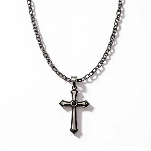 This cross chain features a dark metallic finish with a sleek, polished cross pendant. The cross is crafted from what appears to be a silver or stainless steel material, showcasing a modern design with angular ends and a central circular detail. There are no visible gems or stones embedded in the cross. The pendant is attached to a matching chain with interlocking links, giving it a cohesive and unified appearance. The chain likely has a standard clasp attachment, although it is not visible here.