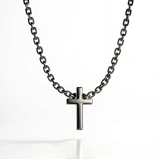 This cross chain features a simple yet elegant design, fashioned from a sleek, metallic material that gives it a polished and refined appearance. The chain consists of uniform, interlocking links that provide durability and flexibility. At the center hangs a plain cross pendant, made from the same polished metal as the chain, which enhances its cohesive look. The chain likely has a clasp that complements its design, ensuring secure wear while maintaining the sleek aesthetic.