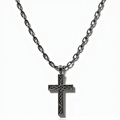 This cross chain features a dark metallic material that composes both the chain and the cross pendant. The pendant showcases an intricate design with an inlaid pattern that gives it a stylish and detailed appearance. There are no visible gems or stones set into the cross, and the piece is modest in its embellishments. The chain is composed of uniformly linked components, and the attachment at the top of the cross suggests a traditional bail to connect securely to the chain.