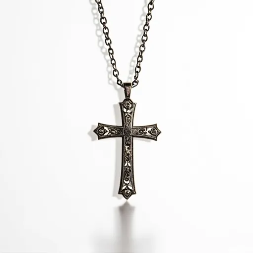 This cross chain features a dark metallic design, likely crafted from a type of metal such as silver or stainless steel with a vintage finish. It is adorned with intricate engravings or filigree work, providing an elegant and detailed pattern across the surface of the cross. At each end of the cross, there appears to be small round gems set into the metal, possibly resembling small diamonds or other clear stones, adding a touch of sparkle and sophistication. The cross is suspended from a matching metallic chain, composed of interlocking links for added detail and durability, and is attached to the chain through a sturdy loop at the top.