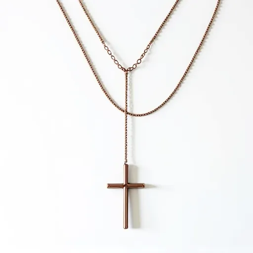 This cross chain features a sleek and minimalist design, composed of a polished metal that resembles rose gold. The chain includes small, evenly spaced links, creating a delicate appearance. The cross pendant itself matches the chain in material, exhibiting a smooth and polished surface. It is suspended from the chain without any visible gemstones, relying on its refined metallic finish for elegance. The clasp mechanism for the necklace is not visible in the image, suggesting a continuous loop design. The overall aesthetic of the cross chain is modern and understated.