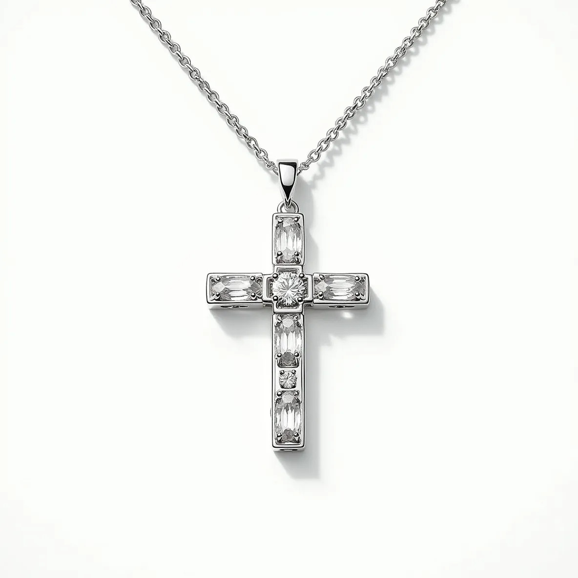 This cross diamond necklace features a prominently designed cross pendant, crafted from a high-quality metal, likely silver or white gold, that adds a lustrous finish. The pendant incorporates ten diamonds, including baguette and round cuts, intricately set in a prong or bezel setting that ensures stability and showcases the sparkle of each stone. The combination of these cuts creates an elegant and balanced symmetry. The pendant is attached to a delicate chain that appears to be a cable style, known for its durability and classic look. The necklace is fastened with a lobster clasp, providing secure and easy wearability.