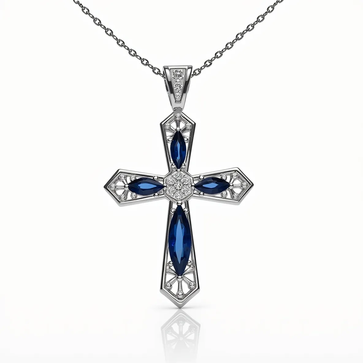 This cross diamond necklace features a striking arrangement of materials and gemstones, showcasing an elegant combination of metals and stones. The pendant is crafted in a sleek metal setting, likely silver or white gold, providing a refined backdrop for the jewels. Adorning the cross are deep blue marquise-cut stones, possibly sapphires, positioned symmetrically within each arm of the cross. At the center, a cluster of round-cut diamonds are intricately set, creating a radiant focal point that enhances the overall luster. The necklace is suspended from a delicate metal chain, attached via a bail that is accented with additional small, round diamonds, adding a touch of brilliance to the attachment.