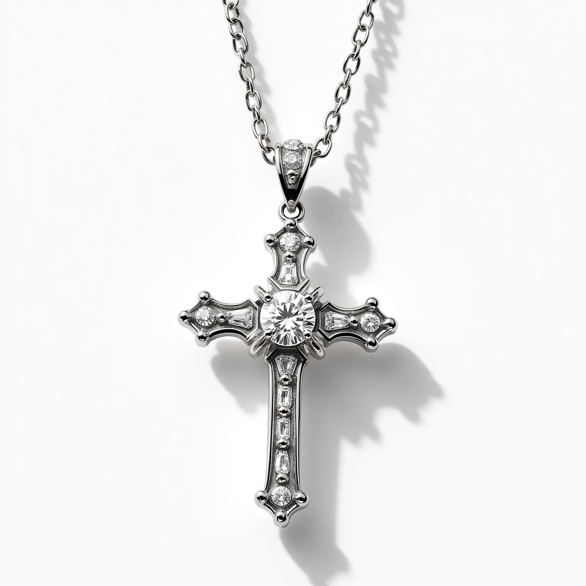 This cross diamond necklace features a striking cross pendant adorned with a central round-cut diamond in a claw setting that emphasizes its brilliance. Surrounding the centerpiece, smaller round-cut diamonds are set into the cross's arms and vertical section, adding sparkle and enhancing the design's elegance. The pendant is crafted from polished metal, likely white gold or platinum, which complements the diamonds' shine. The chain, also matching in metal, is a simple, elegant cable chain that completes the sophisticated look. The necklace features a classic bail that securely attaches the pendant to the chain, ensuring both style and durability.