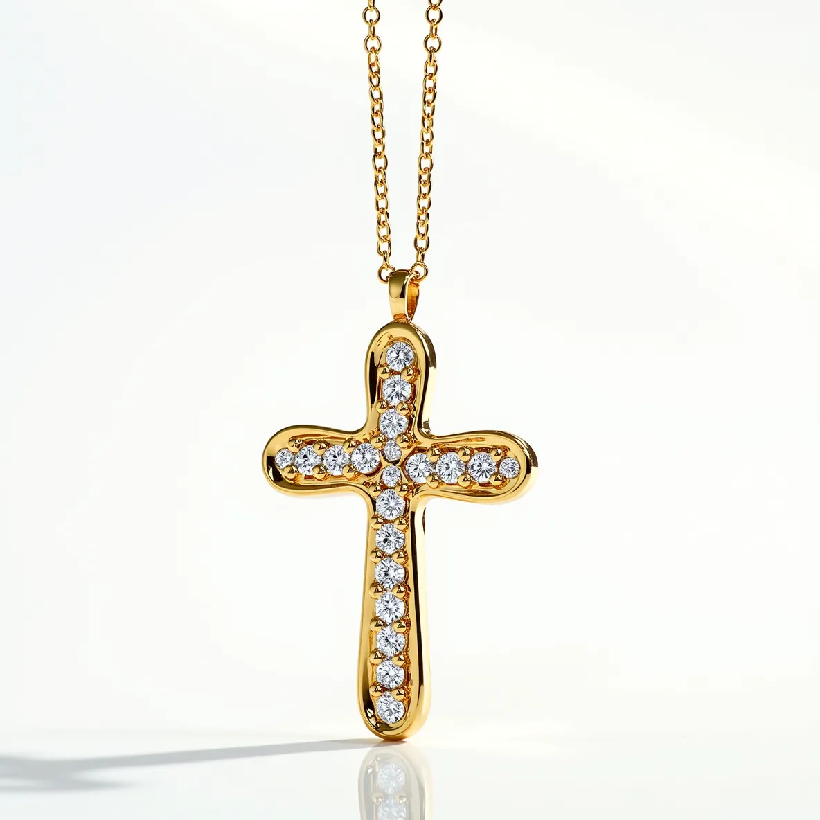 This cross diamond necklace features a beautifully crafted design with a gold metal base forming a classic cross shape. The cross is adorned with numerous round-cut diamonds, each meticulously set in prong settings to ensure they catch the light from every angle. The chain is a fine gold link chain that complements the pendant, providing an elegant and cohesive look. The necklace is likely secured with a standard clasp, ensuring both style and security.