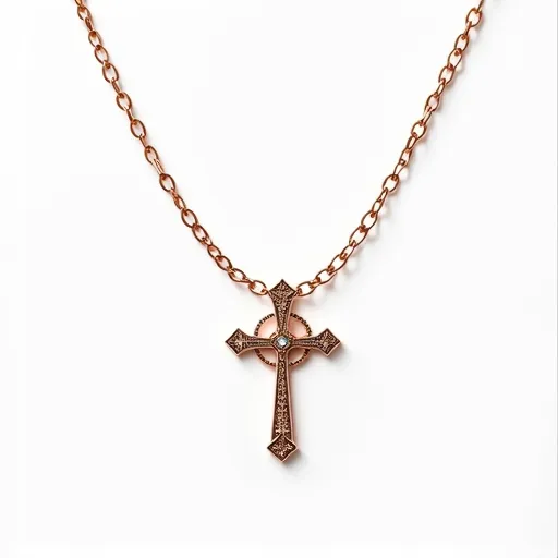 This cross necklace features a stylized cross pendant with intricate detailing, made from a metallic material that appears to be copper or rose gold in color. The surface of the cross is adorned with a pattern of tiny dots that add texture and visual interest. At the center of the cross is a small, round blue gemstone, set in a simple prong setting, highlighting its central position. The chain is composed of uniform links that match the pendant's metallic tone, suggesting cohesion in the overall design. The necklace likely includes a standard clasp mechanism for fastening, although it is not prominently visible in the image.