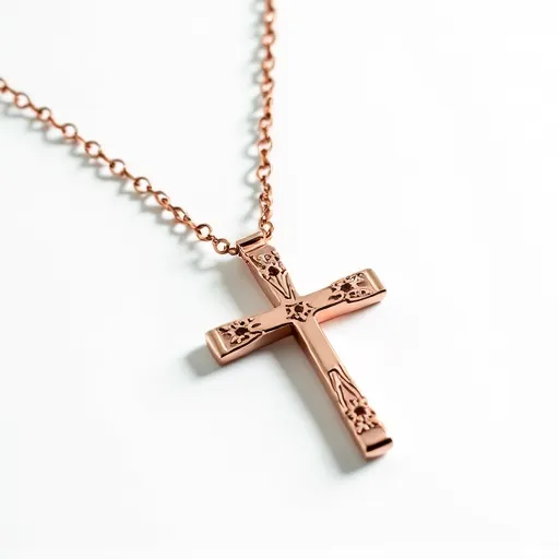 This cross necklace features a delicate design crafted from rose gold-toned metal, giving it a warm and elegant appearance. The cross is detailed with floral engravings that add a touch of intricate artistry to the piece. It hangs from a fine chain of the same material, connected securely through a small, integrated loop at the top of the cross. There are no visible gems or stones set into the cross, allowing the engraved design to be the focal point. The necklace closes with a standard lobster clasp, ensuring both convenience and security when worn.