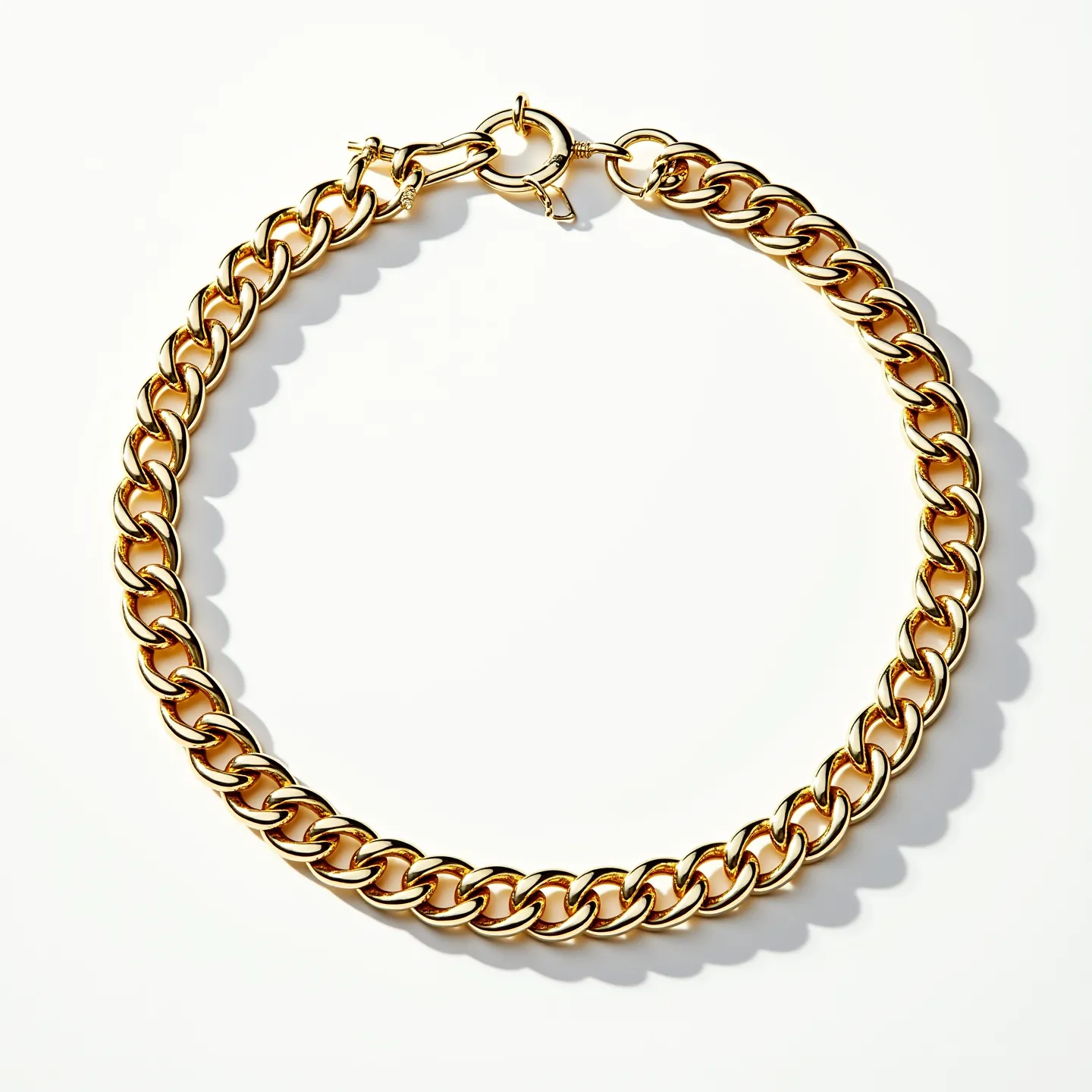 This Cuban link chain features interlocking links crafted from polished gold, giving it a sleek and luxurious appearance. The chain showcases classic Cuban design with its tightly connected links, known for their durability and timeless style. It is completed with a round spring-ring clasp, ensuring a secure attachment. The absence of stones or embellishments highlights the simplicity and elegance of the material used.