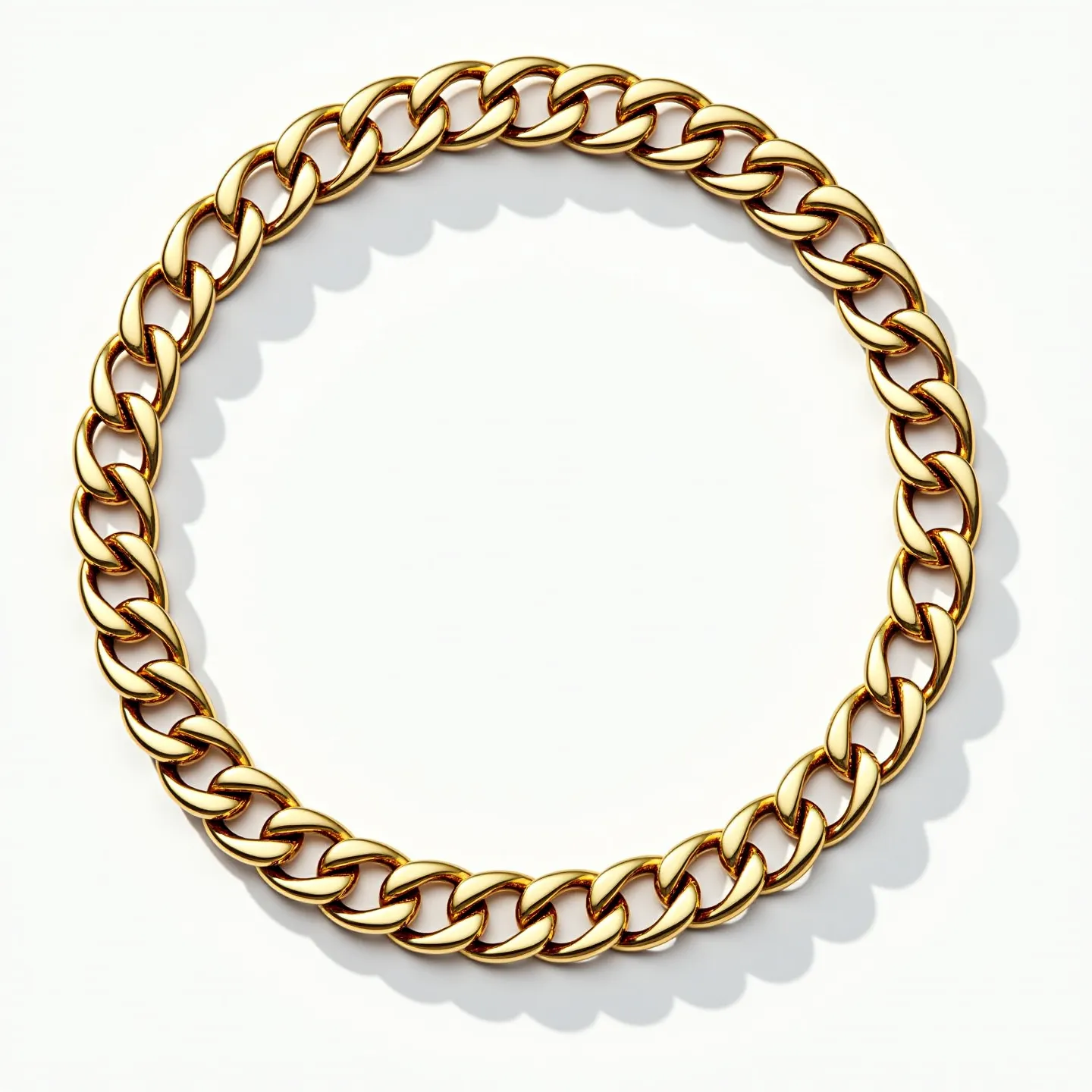 This Cuban link chain features polished gold links that interlock in a classic and smooth design. The chain exhibits a uniform and even arrangement, characteristic of this popular style known for its durability and bold appearance. The material gives it a lustrous shine, enhancing its overall aesthetic appeal. A sturdy clasp ensures secure fastening, contributing to both the style and functionality of this elegant piece.