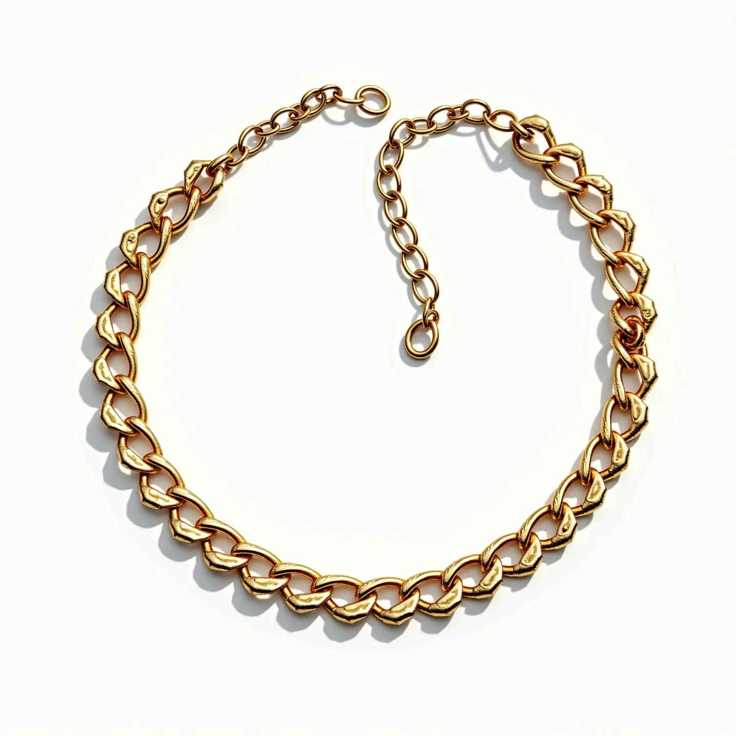 This curb chain features interlocking links crafted from a yellow metal, likely gold or gold-plated material. The links are uniform in size, giving the chain a classic, cohesive look. It includes an adjustable extension ending in a simple round clasp, facilitating secure fastening and offering flexibility in length. The design is clean and modern, emphasizing the polished, reflective surface of the metal. No gems or stones are present, allowing the chain itself to be the focal point.