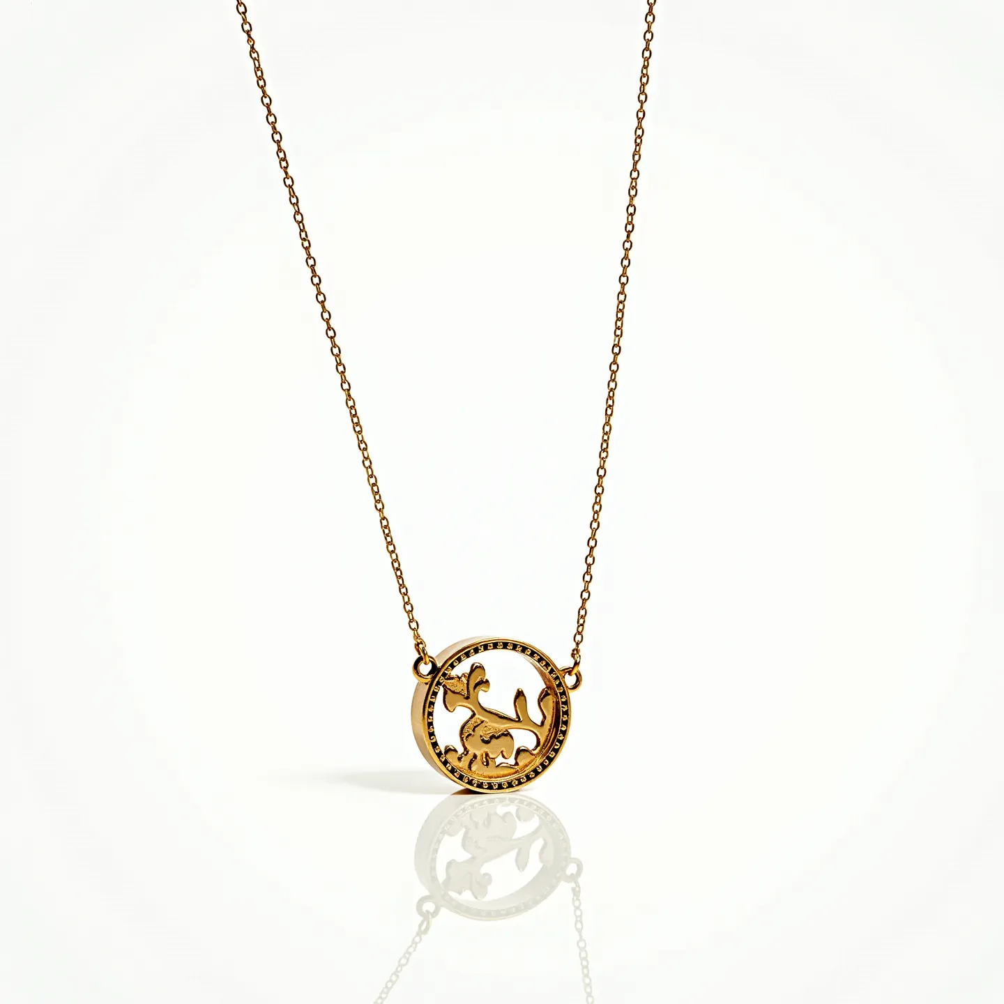 This custom necklace features a delicate gold-toned metal chain with a circular pendant. The pendant showcases an intricate cut-out design of a stylized animal figure enclosed within a beaded circular frame. The chain appears to be a fine link style, which complements the detailed workmanship of the pendant. There are no visible gemstones or additional embellishments on the pendant itself. The necklace's overall design exudes a whimsical yet elegant quality, with attention to detail evident in the pendant's craftsmanship.