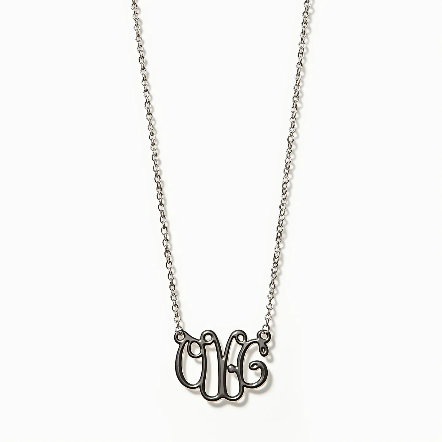 This custom necklace features a sleek, delicate chain constructed from a polished metal, likely silver or a similar alloy. The centerpiece of the necklace is a stylized monogram composed of the letters "O", "V", and "G", crafted with a smooth, glossy finish. The letters are interconnected in an elegant, flowing script style, creating a modern and sophisticated appearance. The necklace includes a simple but secure clasp, ensuring ease of wear and removal. The overall design reflects a personalized touch, making it a unique accessory that stands out.