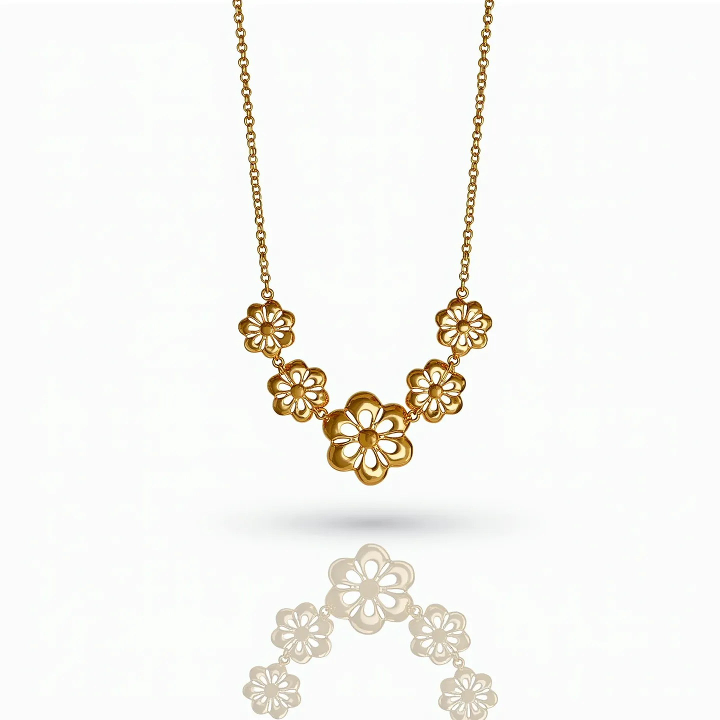 This custom necklace showcases a delicate arrangement of floral motifs crafted from a gold-toned metal, creating a harmonious and elegant design. Each flower features intricate detailing, with some central openings adding depth and interest to the overall piece. The central flower is slightly larger, serving as the necklace’s focal point, while smaller flowers are symmetrically arranged on either side. The chain is a fine link style that complements the floral elements, providing a seamless connection between each motif. The clasp appears to be a standard lobster claw, offering a secure and adjustable fit for the wearer.