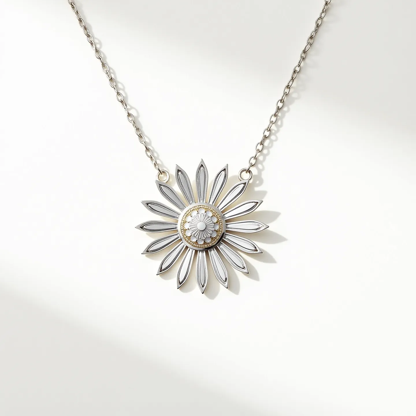 This daisy necklace features an intricate design of a daisy flower, with petals crafted from a polished, likely metal material that lends a shiny and elegant appearance. At the center of the flower, there is a detailed, multi-layered circular pattern, which might include a central embellishment reminiscent of a gem or decorative metalwork to enhance its allure. The flower pendant is suspended from a delicate chain, which appears to be made of a similar metal, providing a cohesive look. The attachment is fitted with simple yet functional loops, suggesting ease in wearability and security.