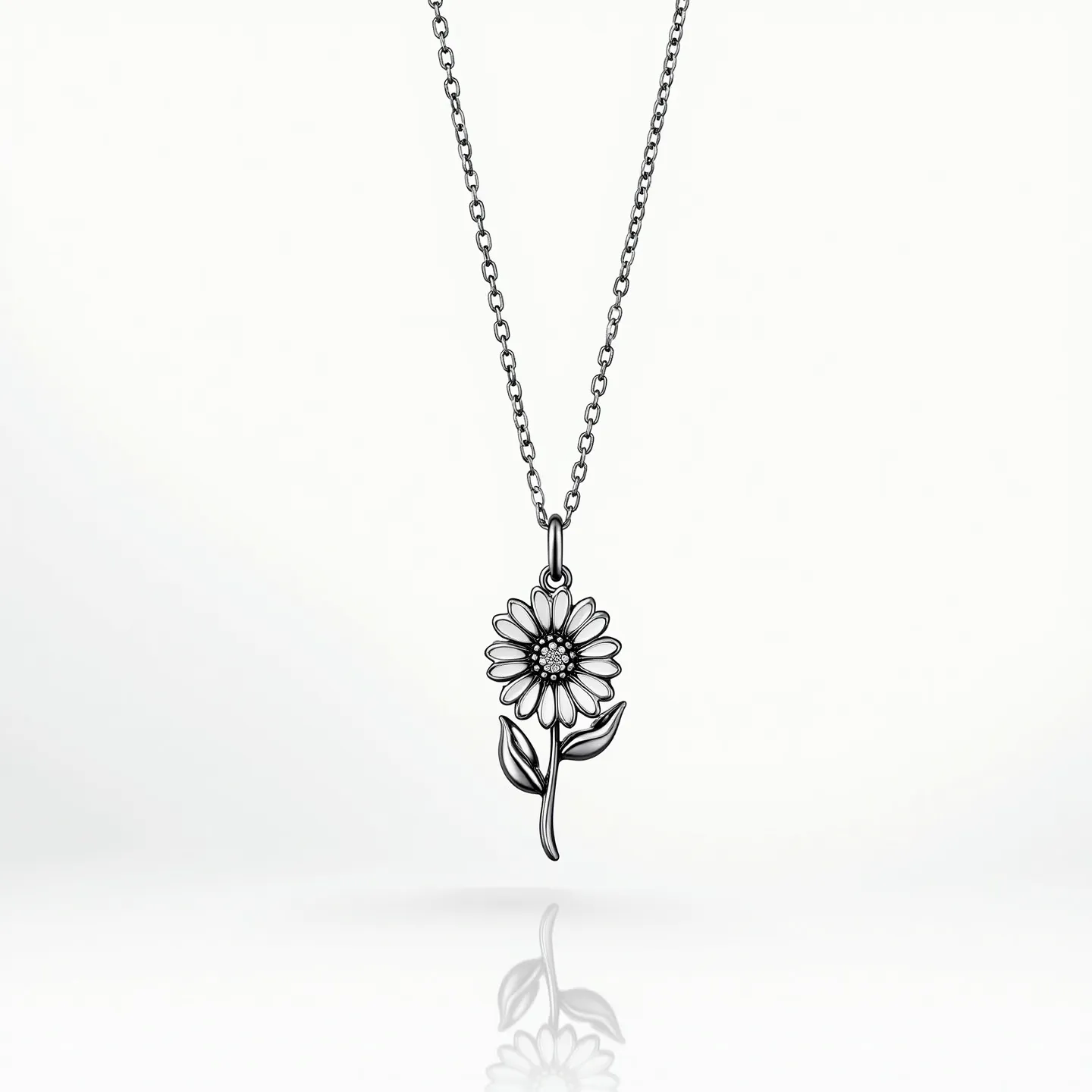 This daisy necklace features a beautifully crafted pendant shaped like a daisy flower, with intricate detailing that highlights the petals and leaves. The material appears to be a polished metal, possibly silver, which gives the necklace a sleek and modern look. The daisy pendant is suspended from a delicate chain, which complements the pendant's elegant design. The chain is composed of uniformly linked loops, ensuring a consistent and refined aesthetic. The necklace is designed with a simple attachment mechanism, allowing for easy wear and adjustment. Overall, this piece embodies simplicity and elegance, making it a versatile accessory.