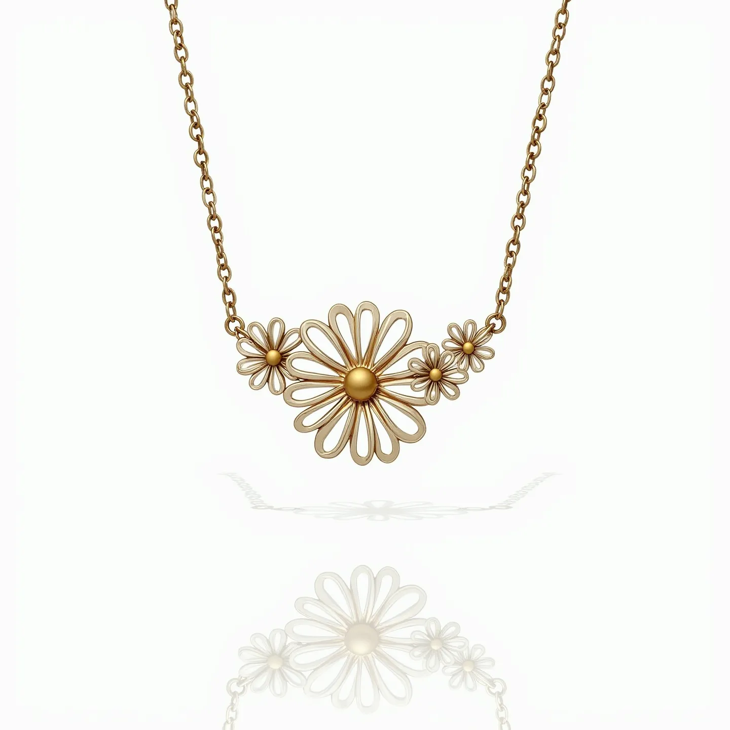 This daisy necklace features a series of intricately designed daisies crafted from a polished gold-tone metal. Each daisy is composed of delicately formed petals radiating from a central spherical hub, creating a harmonious floral motif. The necklace appears to be constructed without additional gems or stones, focusing on the elegance and simplicity of the floral design itself. The chain consists of a series of interconnected links in the same golden hue as the daisies, contributing to a cohesive and unified look. The attachment mechanism is a standard clasp, allowing for easy wear and removal while maintaining the elegance of the overall design.