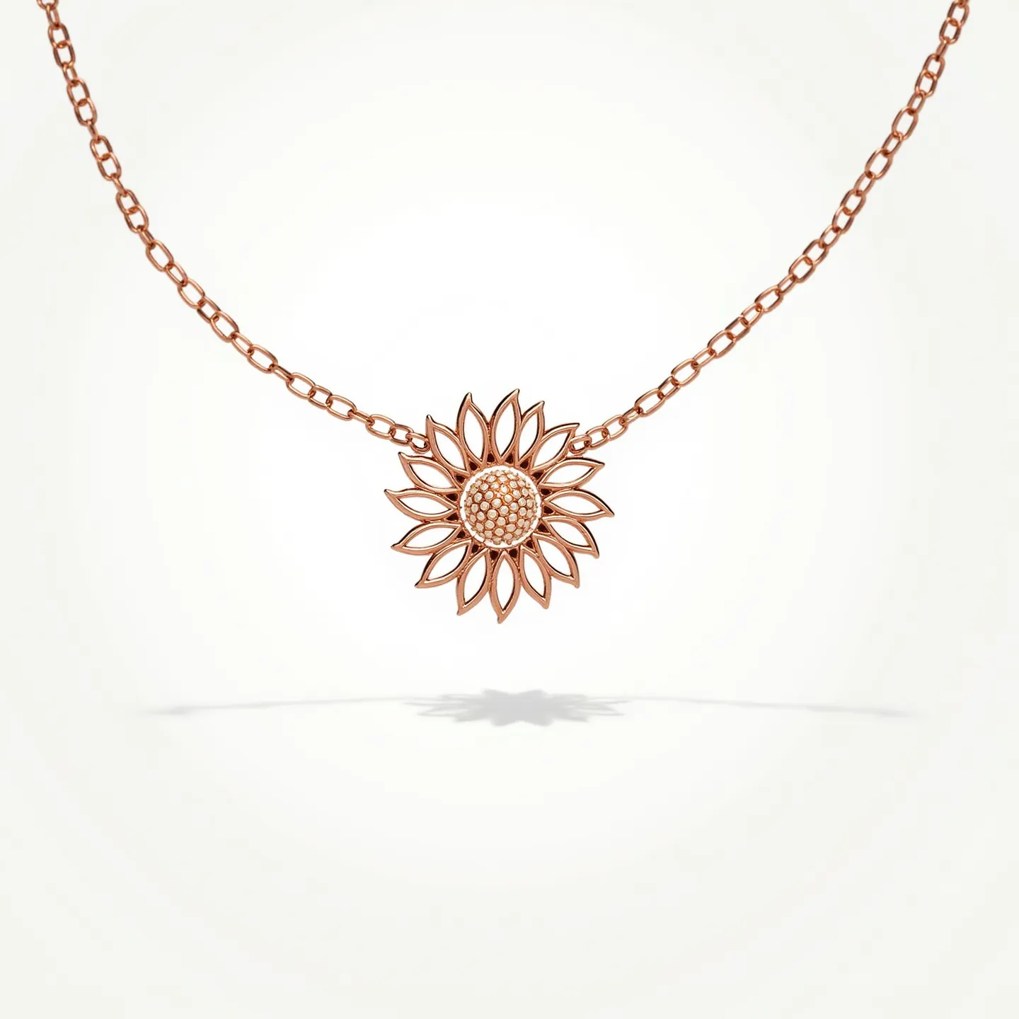 This daisy necklace features a rose gold metal chain that complements the intricately designed daisy pendant. The pendant showcases a detailed pattern with small beaded elements forming the center, which adds texture to the piece. The petals are elegantly crafted, highlighting the craftsmanship involved in its creation. The chain links are uniform, providing a sturdy yet delicate appearance. The necklace is completed with a straightforward clasp, ensuring easy wear and removal.