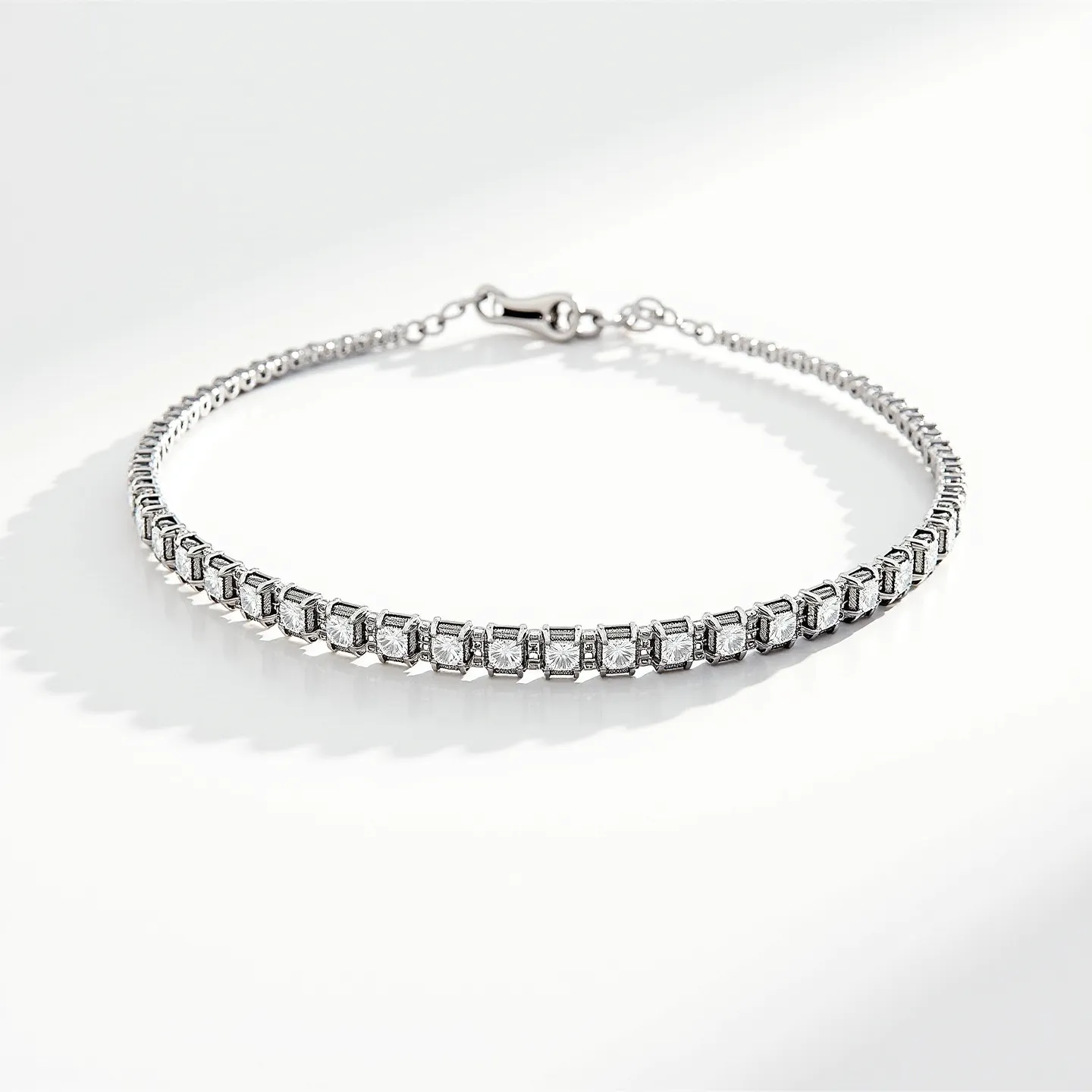 This diamond choker necklace showcases a series of precisely cut square diamonds, likely set in elegant prong settings, allowing each stone to be prominently displayed. The setting is crafted from a polished silver-toned metal that complements the brilliance of the diamonds. The necklace is secured with a sleek, hook-style clasp, ensuring both functionality and sophistication. Each diamond is aligned closely in a continuous band, creating a stunning visual impact that is both modern and timeless.