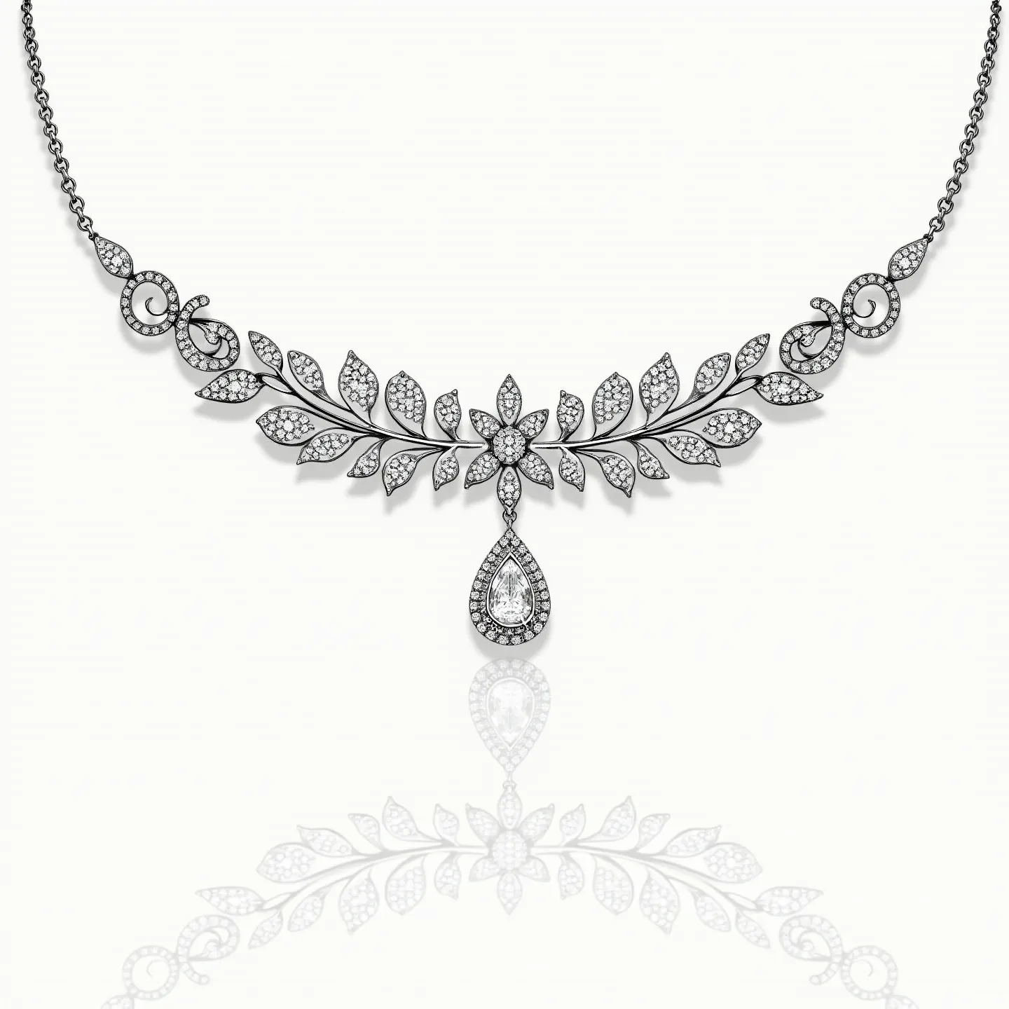 This diamond choker necklace features an intricate design of leaves and scrolls, adorned with numerous small, round-cut diamonds set in a pavé style. At the centerpiece, a larger pear-shaped diamond is elegantly suspended, surrounded by a halo of smaller diamonds, enhancing its brilliance. The necklace is likely crafted from a precious metal such as white gold or platinum, providing a sleek and luxurious finish that complements the sparkle of the diamonds. The piece is completed with a delicate chain that secures with a clasp hidden within the design, ensuring both functionality and elegance.