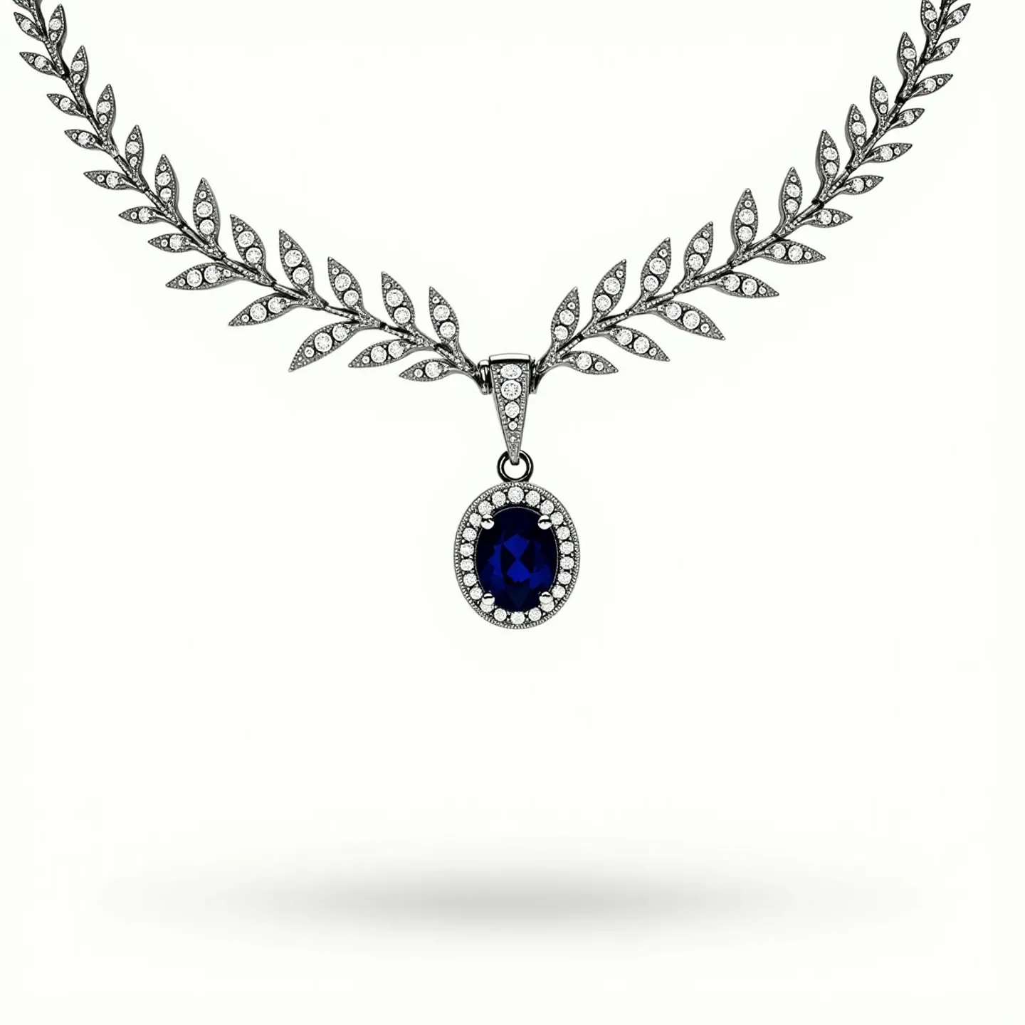 This diamond choker necklace features a striking design with materials that include polished metal, likely white gold or platinum, forming an intricate pattern resembling leaves. Each leaf is encrusted with small, round-cut diamonds, beautifully set to catch the light. At the center hangs an elegant pendant showcasing an oval-cut deep blue gemstone, possibly a sapphire, surrounded by a halo of additional small diamonds. The choker's attachment mechanism isn't visible, but it likely incorporates a discreet and secure clasp to maintain the seamless flow of the design.