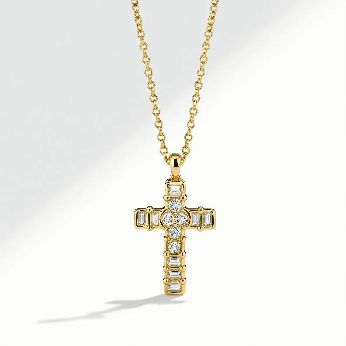 This diamond cross necklace features a striking design crafted from yellow gold, showcasing a combination of round and baguette-cut diamonds. The pendant is composed of a symmetrical arrangement, with the round-cut diamonds at the center and ends, surrounded by vertically aligned baguette-cut stones. Each diamond is securely set in a prong setting that enhances the brilliance and clarity of the stones. The cross is elegantly attached to a delicate gold chain, adding to its sophistication. The necklace is finished with a sturdy gold clasp, ensuring a secure fit.