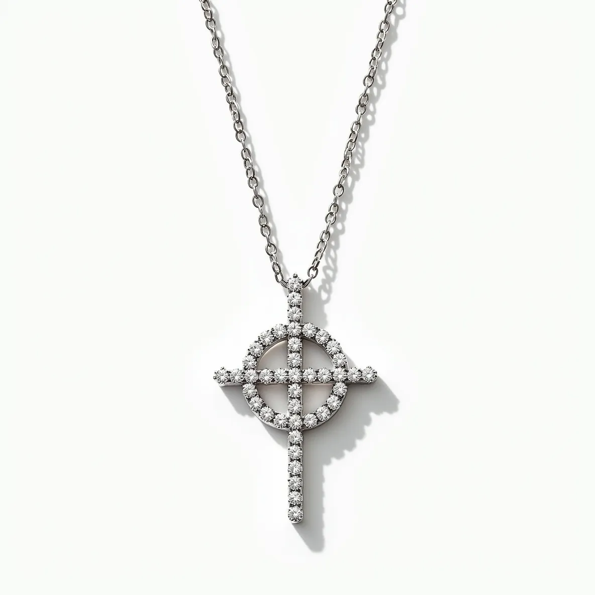 This diamond cross necklace features a beautifully crafted cross design, composed of numerous small round diamonds meticulously set in a pavé setting. The pendant hangs gracefully from a delicate chain, likely made of a precious metal such as white gold or platinum, enhancing the brilliance of the diamonds. The necklace is secured with a standard clasp, ensuring both elegance and security. The overall design showcases a harmonious blend of classic religious symbolism with modern sophistication.