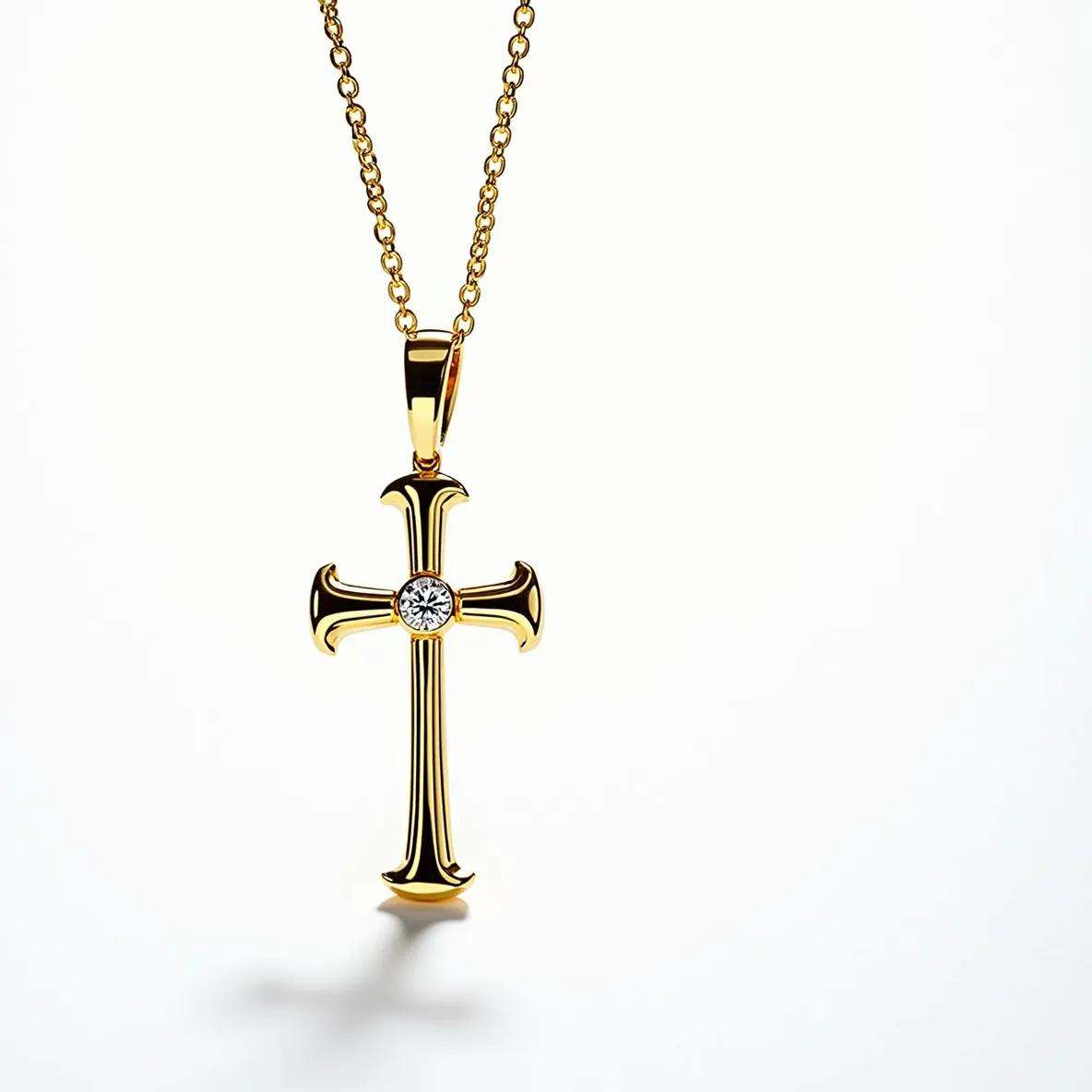 This diamond cross necklace features a stunning gold cross pendant adorned with a single round-cut diamond set in the center, emphasizing its elegance and simplicity. The cross has a polished and sleek finish, highlighting the lustrous quality of the gold. The diamond is securely positioned with a bezel setting that underscores its brilliance. The pendant hangs gracefully from a delicate gold chain, adding to the overall sophistication of the piece. The necklace is completed with a standard clasp closure, ensuring both security and ease of wear.