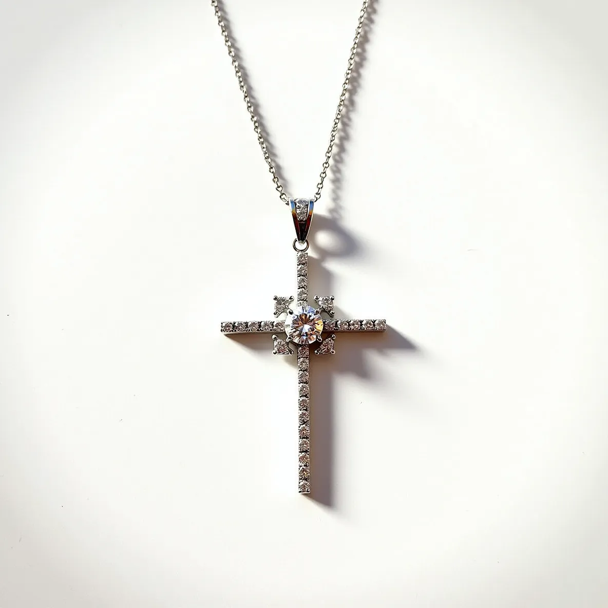 This diamond cross necklace features a sleek and elegant design, crafted from a lustrous metal, likely white gold or platinum, which complements the brilliance of the diamonds. The cross is adorned with small, round-cut diamonds set in a pavé style along its bars, enhancing its sparkle and elegance. At the center, a larger round-cut diamond is prominently displayed, secured in a prong setting, serving as a striking focal point. The necklace is attached via a delicate chain, which appears to be a faceted cable chain, adding to the overall grace of the piece. The attachment includes a simple bail that seamlessly connects the pendant to the chain, ensuring both security and aesthetic continuity.